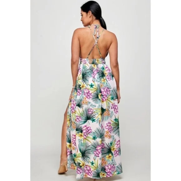 Purple Tropical Floral Palm Vacation Cruise Summer Sexy Slit Maxi Halter Dress - Picture 5 of 5